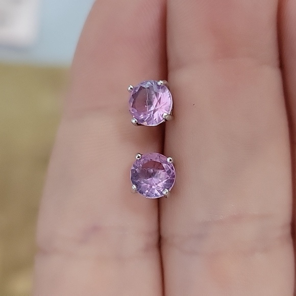 Genuine Purple Tourmaline Stud Earrings, S925 - Picture 4 of 10